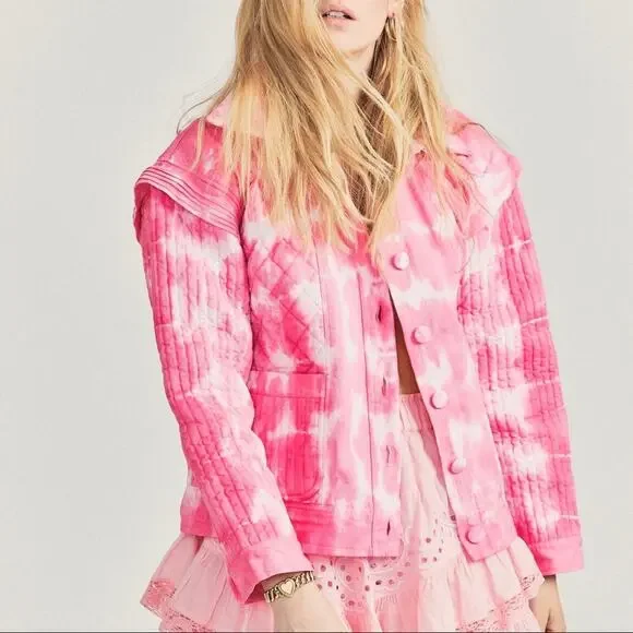 LoveShackFancy Adelade Hibiscus Hand Dye Pink Oversized Quilted Jacket Medium - Picture 1 of 15